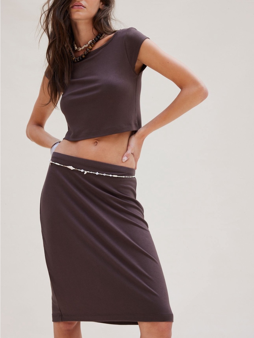 Free People Chocolate Brown Two-Piece Crop Top and Skirt Set